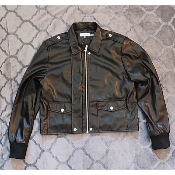 Calvin Klein Women's Black Faux Leather Cropped Moto Jacket Size Large NWT - Picture 2 of 5